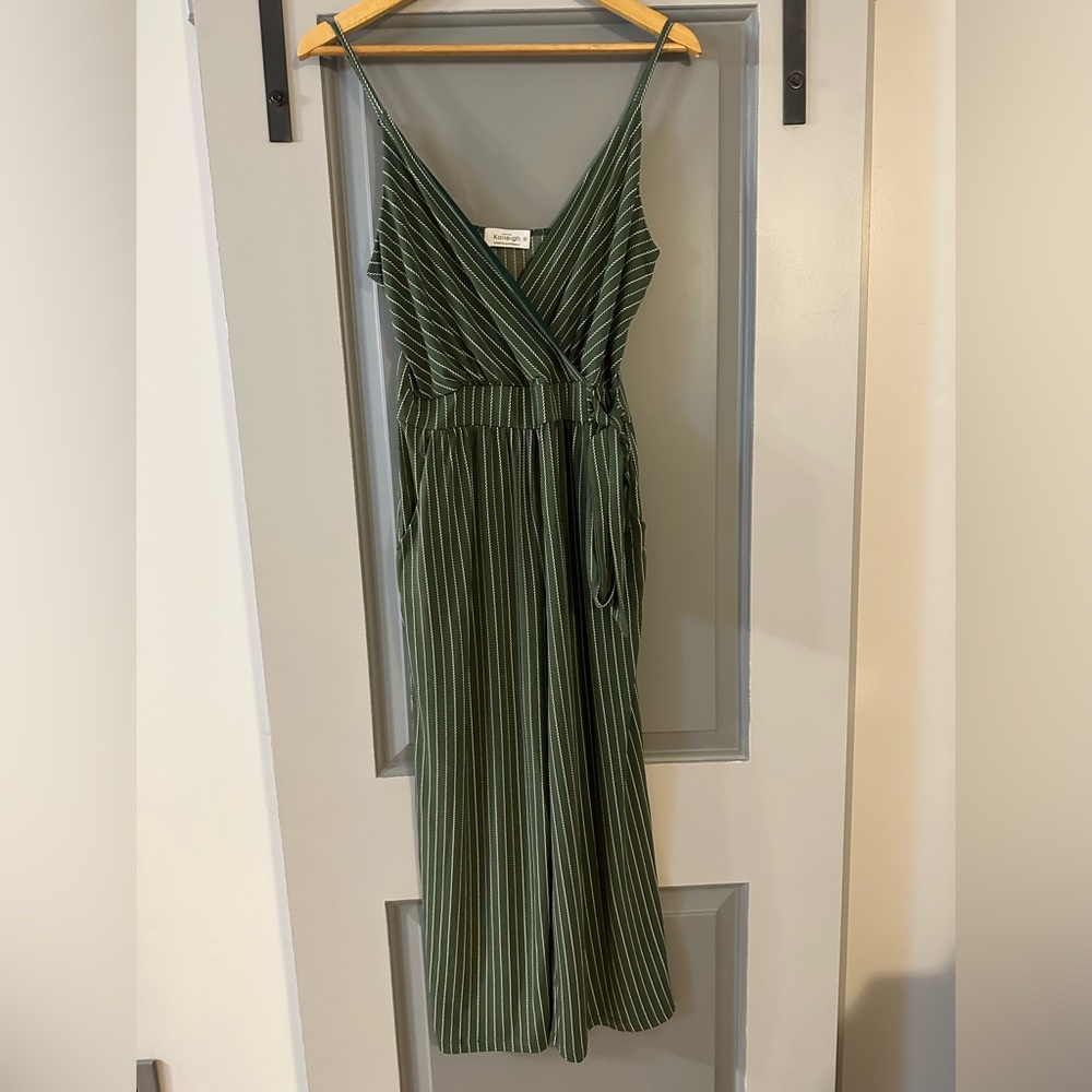 Green and white stripe cropped jumpsuit